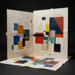 rendered in blender beautiful abstract room, score, black background, collage paper and tape, acrylic on canvas, high resolution, cinematic, unreal 6, breathtaking detailed, by cornell joseph