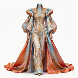 a show design by leonardo davinci design by balenciaga ,silk ,,pastel colours blue orange and red  ,white background ,hyper realistic,highly detailed,fashion design, baroque, matte painting, concept art, hdri, 4k -