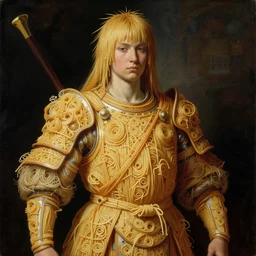 half boy half rhibo made of spaghetti, intricate armor made of spaghetti fractals, ancient warrior, samurai style, by giuseppe arcimboldo and ambrosius benson, renaissance, intricate and intense oil paint, a touch of beksinski, realistic