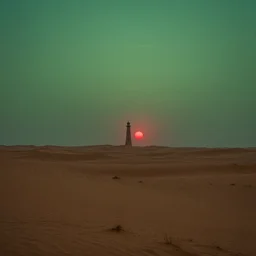 sunset on a desert, eldritch tower in the middle distance, green tinged sky with a red sun