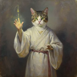 oil painting of a cat person wearing robes and casting a spell, portrait