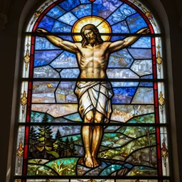 stained glass window of buddy christ