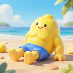 a lemon cartoonish character, that is muscular, is relaxing on a beach, inspired by dalle - 2, octane render, 3 d, volumetric lightening