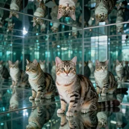 the reflection of an exotic shorthair cat in an infinity mirror, large room, in the style of David Lynch, 8k, photorealistic, high detail