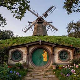 low angle front facing view of hobbiton architecture with garden, by the windmill, highly detailed matte painting, evening, by stanley artgerm lau, greg rutkowski, thomas kinkade, alphonse mucha, loish, norman rockwell, artstation, unreal engine 5