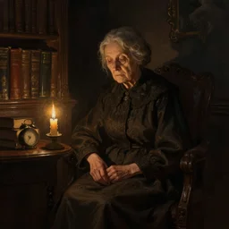 an old lady sitting in a dark library lit by candles, gothic art, digital painting, trending on artstation