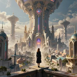a woman standing on a ledge overlooking an axonometric futurist utopian city, by Rolf Armstrong and Evelyn De Morgan and Bastien Lecouffe-Deharme, dramatic lighting, high contrast colors, baroque, empyrean, panoramic view, as trending on Artstation, highly detailed, cryengine,