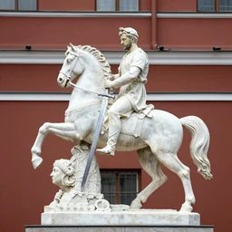 “marble statue zelensky triumphant on horse sword in Moscow”