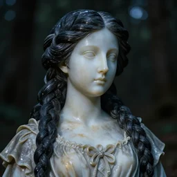 a marble statue masterpiece of a daughter of the moon clan, with long, black, braided hair. nightime, low light, dark forest. strong, dabbled light falls on her face. closeup photography. macro detailed oily skin. highly detailed, sharpness. victorian dress. hyper realistic.