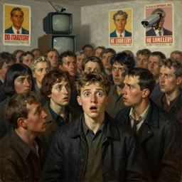 ernst ludwig painting of many people without eyes. one person does have eyes, a young man, frightened about what is going on around him. there are propaganda posters on walls, brainwashing televisions and cctv cameras s 1 5 0