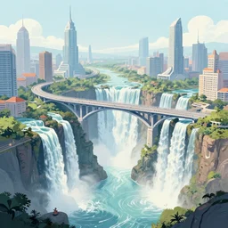 A beautiful illustration of a futuristic city of bridges built on a world of waterfalls by Robert McCall and Ralph McQuarrier | sparth:.2 | Time white:.2 | Rodney Matthews:.2 | Graphic Novel, Visual Novel, Colored Pencil, Comic Book:.6 | unreal engine:.3 | | viewed from above | establishing shot:.7