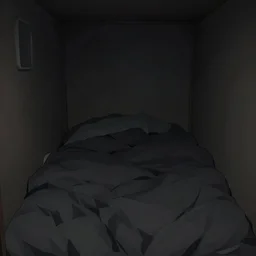 interior view of a small space pod bed in wall, tight space, claustrophobic, messy blankets, dark colors, minimal light, close up, dim lighting, muted colors, unreal engine render, by makoto shinkai takashi takeuchi