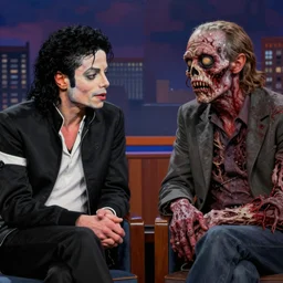Michael Jackson and John Lennon as rotting zombies being interviewed by Conan on a talk show, realistic, hyperrealistic, very realistic, highly detailed, very detailed, extremely detailed, detailed, oil painting, digital art, trending on artstation, HD Quality