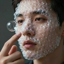 dramatic closeup a man who's face is made of bubble wrap plastic, a finger is popping one of the bubbles, realistic blender render, translucency and subsurface scattering