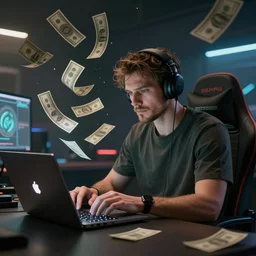 realistic rich man using laptop in gaming room, money floating in air, artstation trends, sci fi concept art, highly detailed, intricate, sharp focus, digital art, 8 k