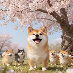 hyper realistic cute fluffy shiba inu plays under the cherry blossom tree,, by simon stalenhag, frank frazetta, greg rutkowski, beeple, yoko taro, christian macnevin, wlop and krenz cushart, epic fantasy character art, volumetric outdoor lighting, midday, high fantasy, cgsociety, cheerful colours, full length, exquisite detail, post - processing, masterpiece, cinematic