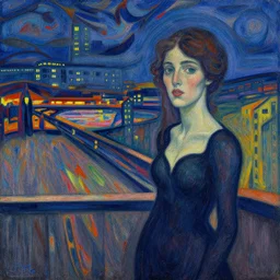 a woman in a dream city, by moebius, by hernst haeckel, by munch, pastel deep colours, woodcut, highly detailed, thick lines, lights by hopper