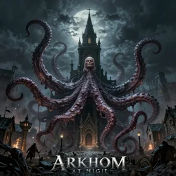 arkham horror town at night, lovecraft, tentacles, evil fluid, realistic, hyper detail, dynamic, in andreas rocha style
