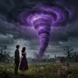 a purple tornado appraoching the couple in american gothic digital art uhd