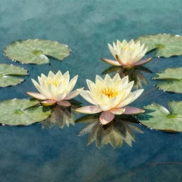 watercolour painting of waterlilies with a teal background