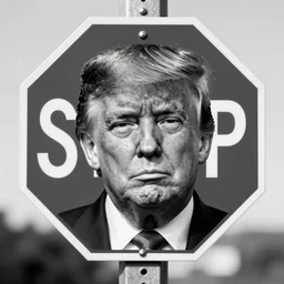 a sticker that shows trump's face in black and white on a stop sign, close up, realistic, 8k.