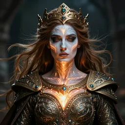 portrait of a powerful celtic queen in the style of bob eggleton with face paint. neckline, glowing, ornate and intricate, stunning, dynamic lighting, intricate and detailed