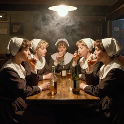 a group of nuns enjoying themselves at a dive tavern, low light, Smokey haze above, whiskey bottles, by Norman Rockwell