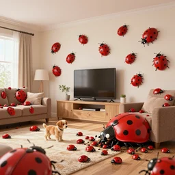 millions of killer ladybugs exit out of small hole at the bottom of a family room wall and cover every surface. ladybugs cover a sofa tv wall ceiling floor and puppy. digital art.