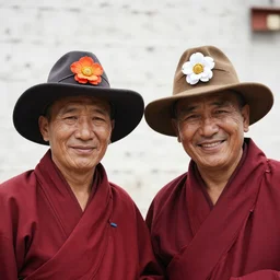 picture of two lamas smiling and wearing hats, one of the hats has a flower