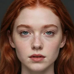 hyper realistic, full perfect face, realistic, highly detailed background, photography beautiful girl, face tamzin merchant, red hair, style of hypermannerism