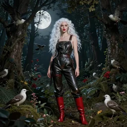 warrior, goddess of flora and fauna, hunting, personification of the moon, red lips, with curls of long white hair, standing in the middle of the forest and birds, in leather overalls from lee alexander mcqueen, iron armor, red boots, very beautiful style, edgard maxens, raffaello, rembrandt 8 k