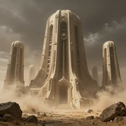 mos eisley spaceport in a dust storm with skeletal temple buildings designed by hr giger, hyper realistic octane render, george lucas
