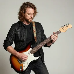 Barry Chuckle Shredding on an electric guitar in the style of Dan Hillier