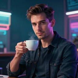 portrait of a handsome startup CEO having a cup of coffee. cyberpunk style, digital art