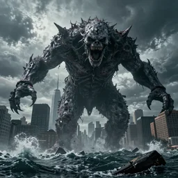 huge scary monster coming from the sea and attack new york, cinematic