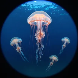 a group of chirodectes maculatus jellyfish swimming in the ocean, by otto pilny, shutterstock contest winner, ecological art, bioluminescence, fisheye lens, wide lens