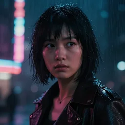 Moonmoon close up film still from Blade Runner 2049, beautiful lighting, raining, neon lights, cinematic depth, ultra sharp