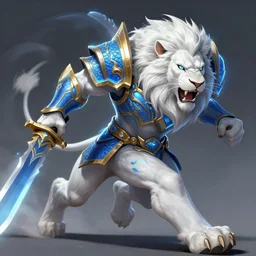 concept art of portrait of a white anthropomorphic lion, dragon armor blue neon and gold, launching an attack!!, running to the camera!!, style like ajani goldmane, like a heroes of the storm, two swords, movie style, anime by artgerm and greg rutkowski and magali villeneuve and league of legends concept artists