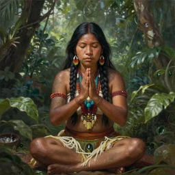 a beautiful portrait of an amazonian shaman healer sitting in the jungle, doing a prayer, ayahuasca, high detail painting, fantasy art