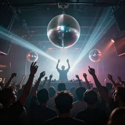 crowd partying with their hands up at a club, volumetric lighting, haze, light beams, discoball, dj on stage with raised hands, silhouette, digital art, trending on artstation, 4k, unreal engine, intricate, ornate
