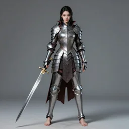 full body portrait of a barefoot vampire swordswoman wearing heavy plate armor, real human feet, barefoot, two - handed sword, lithe, athletic, beautiful, enchanting, elegant, detailed, anatomically accurate, reasonable fantasy, in the style of guweiz, z. w. gu on artstation, 4 k.