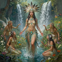 a highly detailed portrait beautiful divine tribal high priestess and water nymphs with feathers and crystals in a lush field of flowers, playing in waterfalls, wide painting by greg rutkowski and hr giger, zbrush, trending on artstation : 1 h 1 0 2 4