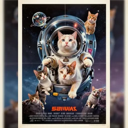a retro movie poster for a sci - fi film about cats in space 8 k