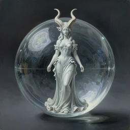 By Tom Bagshaw, ultra realist soft painting render of a floating transparent glass sphere, beautiful horned single porcelain female in long curvy gothic dress, reflection and refraction, symmetry accurate features, very intricate details, deep fog, dark fantasy background, artstation
