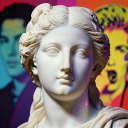 pop art portrait of ancient female greek statue, close up on the face, soft lighting, art by andy warhol and keith haring and roy lichtenstein, pop art!! vapourwave, synthwave colours, photorealistic,