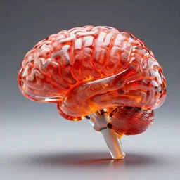 anatomically correct model of a human brain made from transparent red and orange glass