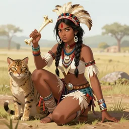 a beautiful indian girl, comanche, she is half - crouched a rests her hand on the ground, in the other hand a bone weapon, under her feet is a sit big cat., anime, manga, hyper detailed, 8 k, hdr, digital painting, artstation, cg