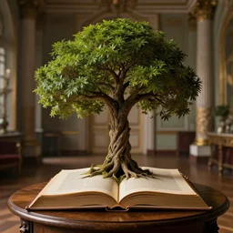 tree of life growing out of a book, on a wooden table, inside a palace, rim light, extremely detailed, masterpiece, artstation, cinematic lighting, photographic, by greg rutkowski and alphonse mucha, wolp