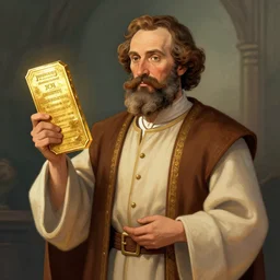 mormon prophet, joseph smith, holding up the gold plates, conceptart, trending on artstation