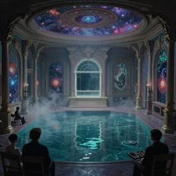 ornate ballroom full of water, cassette futurism, cosmic psychedelic horror, atmospheric haze, film. illustration by edward hopper, norman rockwell. film still, 1 6 mm cinematography